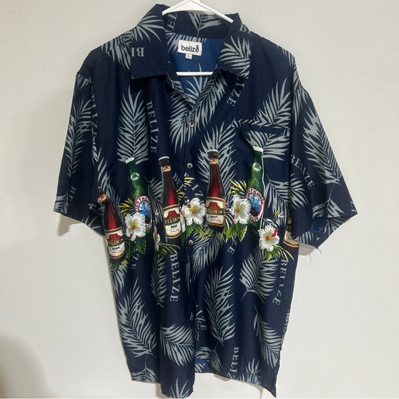 Belize Mens Hawaiian Shirt Blue Floral Beer Bottles Small Short Sleeve Fits LARG - Picture 1 of 11